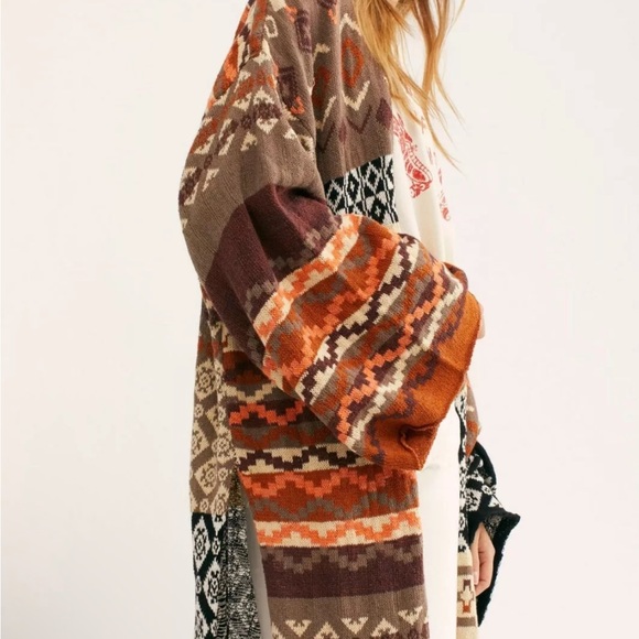 Free People Landmark Oversized Boho Cardigan Duster in Brown and Orange Size S - Picture 2 of 10